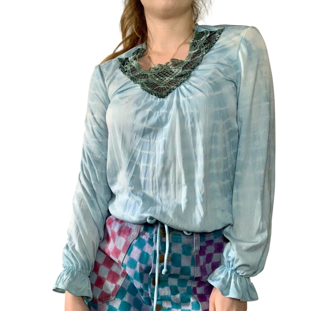 Hand Dyed Blue Vintage Lace Blouse Drawstring Waist Reworked